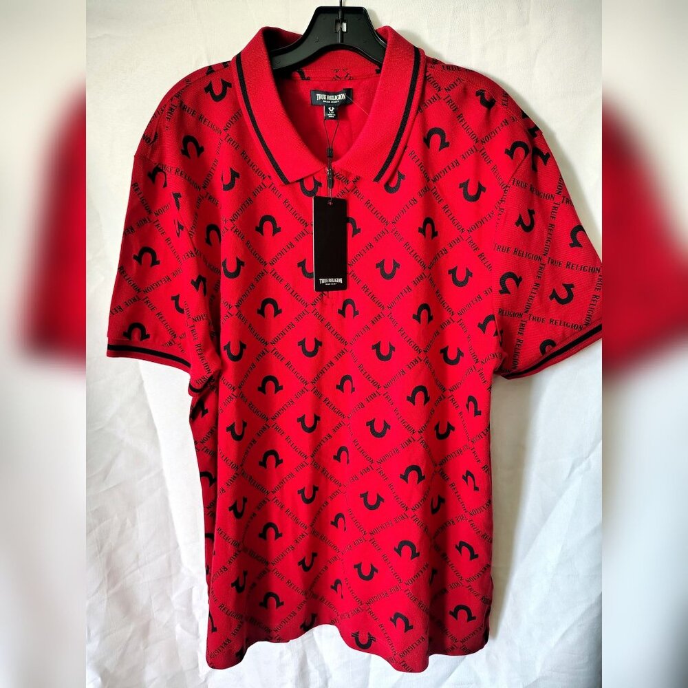 $79 NWT True Religion Size L Color TRV Red Zip AOP Relaxed Polo